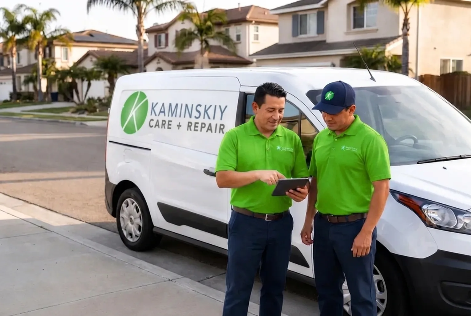 Two Kaminskiy technicians reviewing a job on a tablet