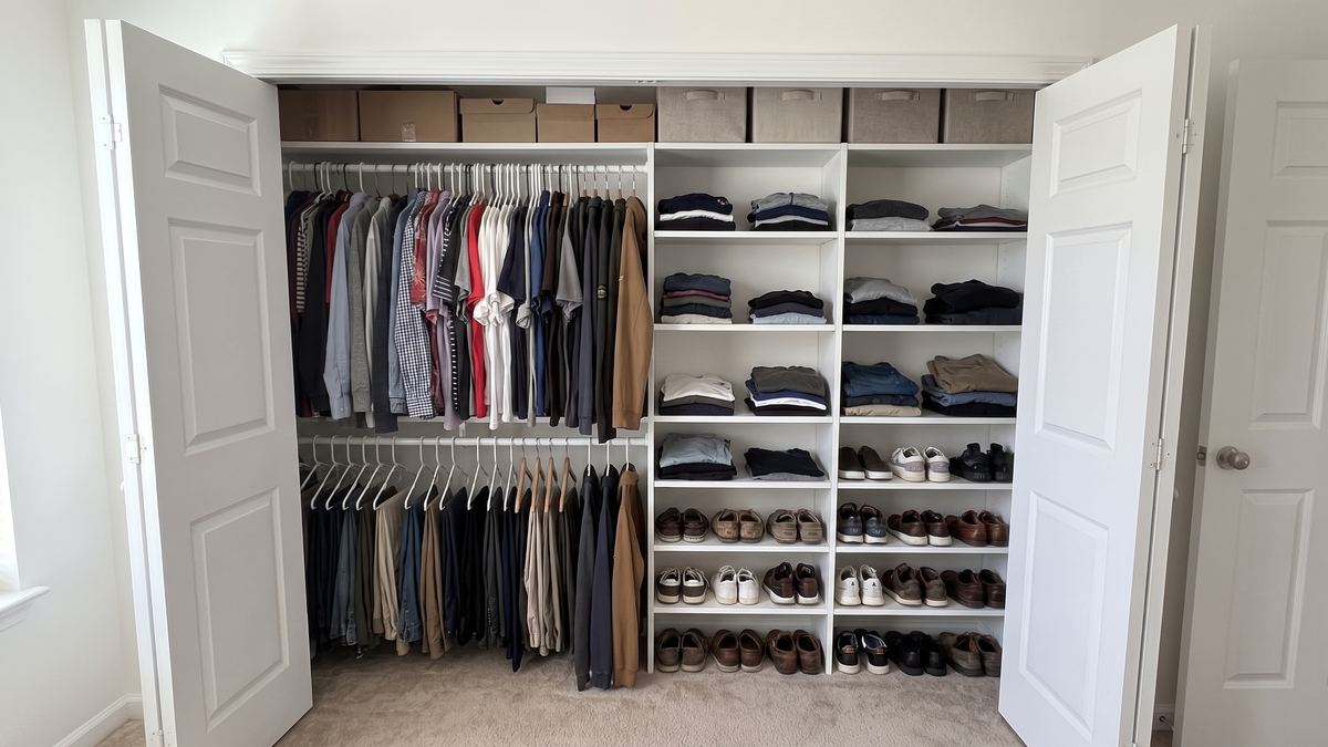 Same closet with new shelving, double rods and shoe shelves installed