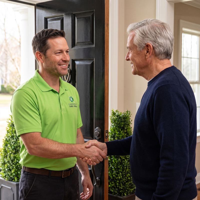 Kaminskiy technician greeting a Beverly Hills homeowner at the door