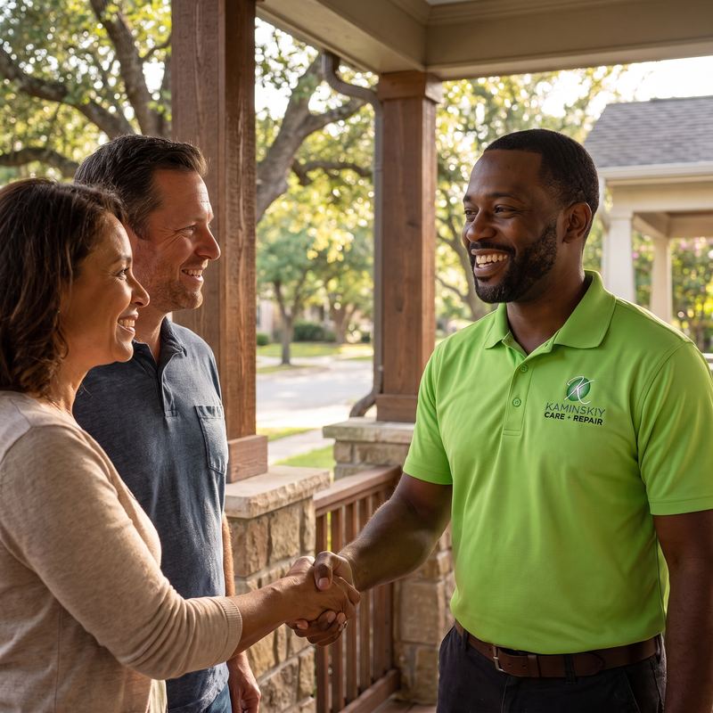 Kaminskiy technician greeting a East Bay homeowner at the door
