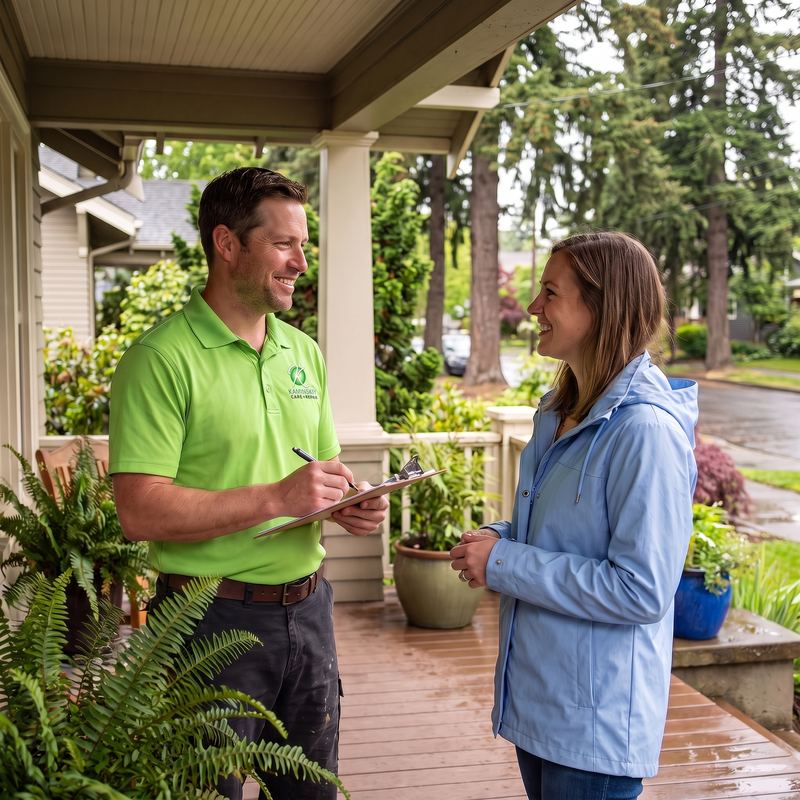 Kaminskiy technician greeting a Portland homeowner at the door