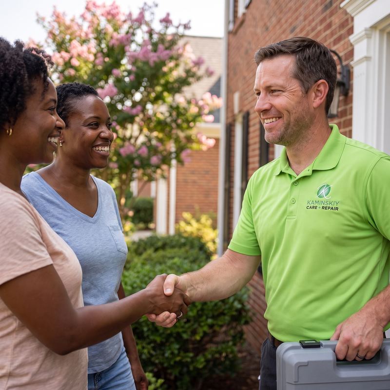 Kaminskiy technician greeting a Raleigh homeowner at the door