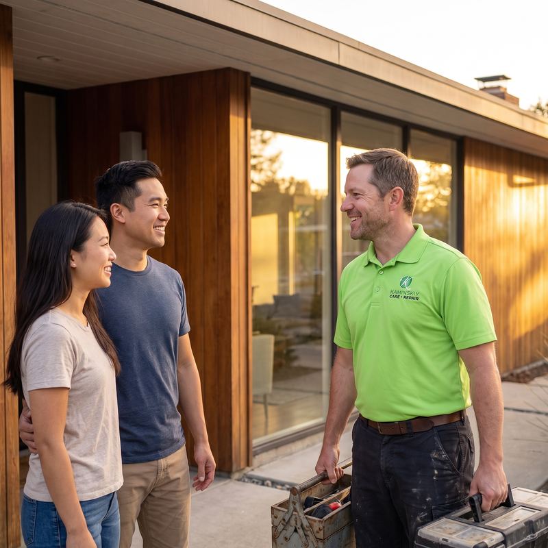 Kaminskiy technician greeting a San Jose homeowner at the door