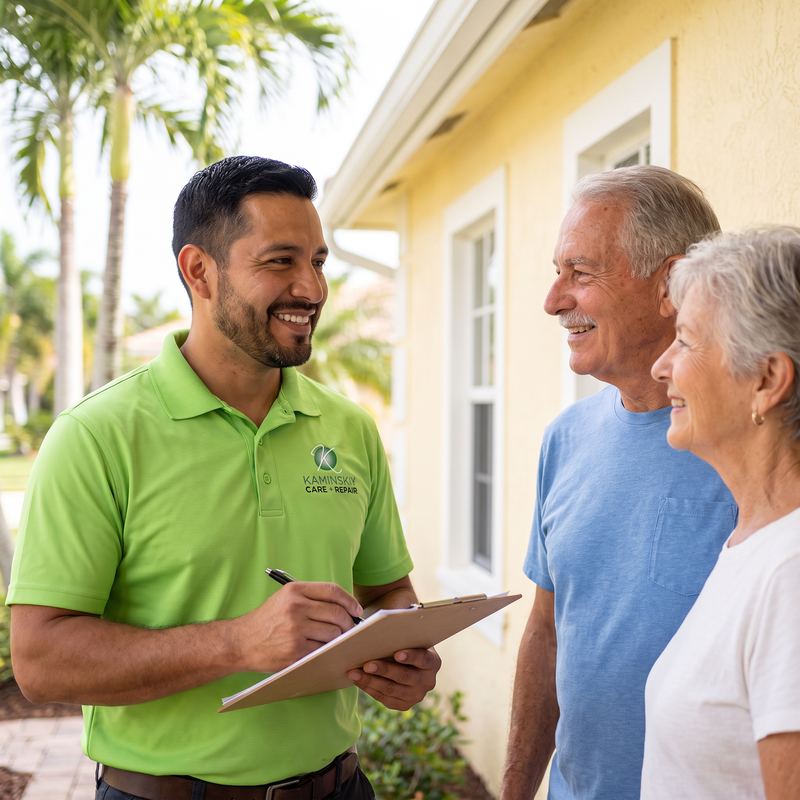 Kaminskiy technician greeting a West Palm Beach homeowner at the door