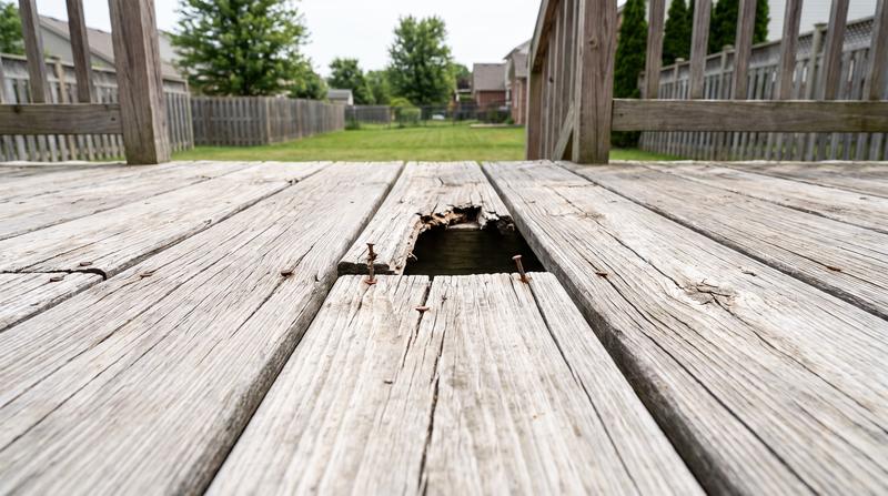 Cracked faded deck boards before repair