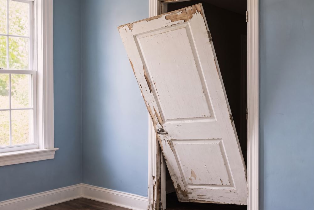 Damaged door hanging off its hinges before repair