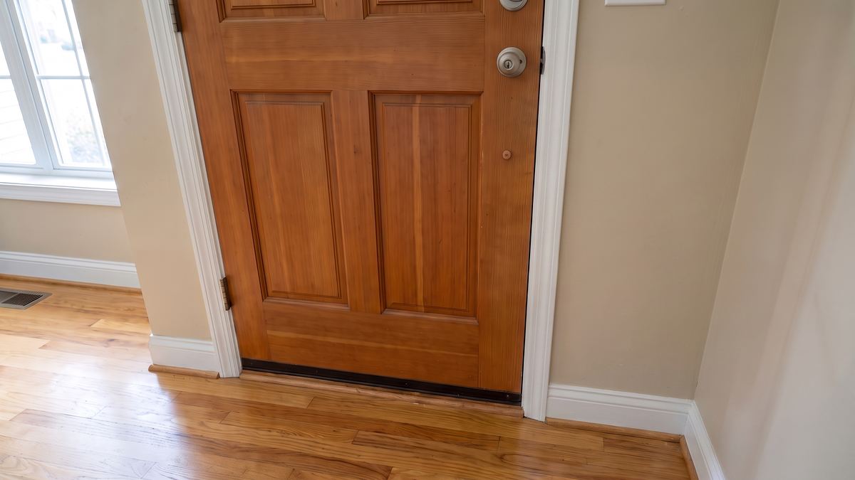The same doorway with a new jamb, steel strike plate and new casing installed and painted