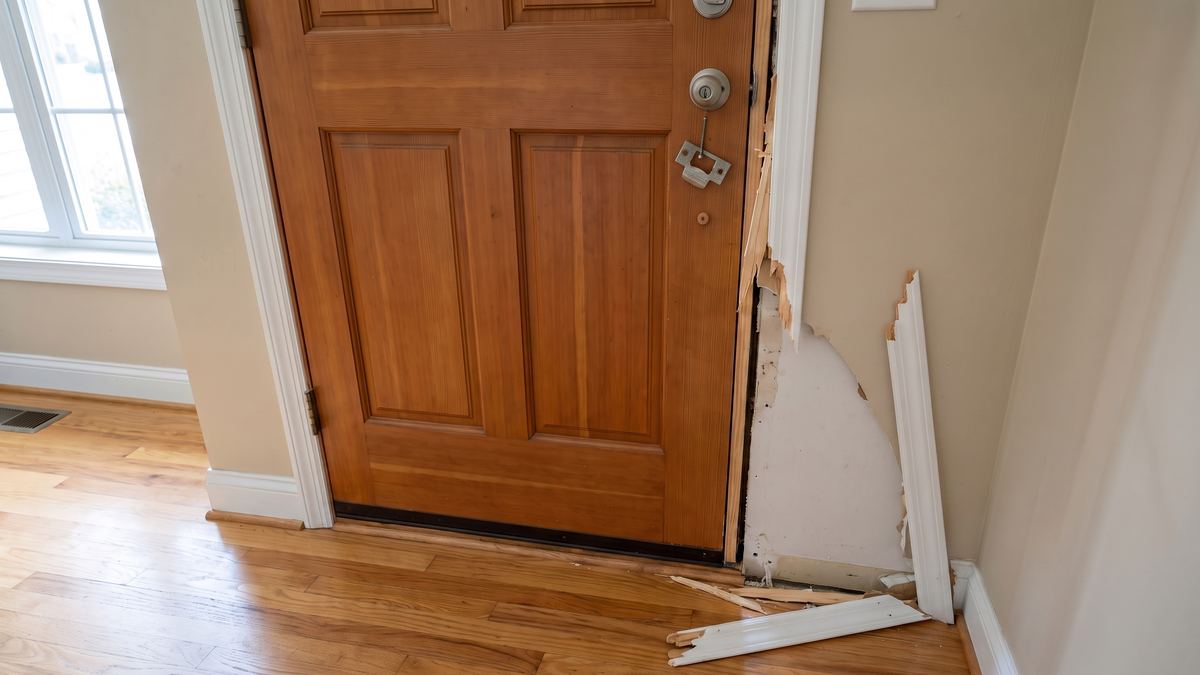 Kicked-in front door frame: the jamb split, strike plate hanging, casing torn off the wall, the door itself intact
