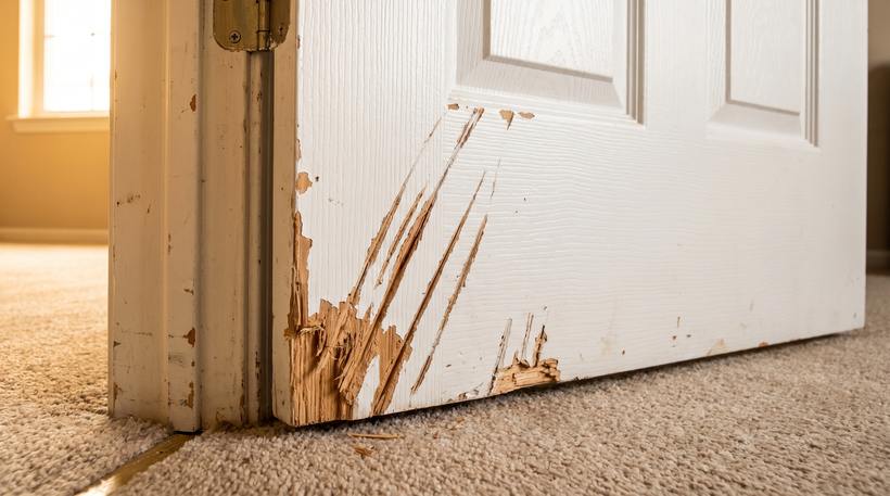 Door bottom scratched up by a dog before repair in San Diego