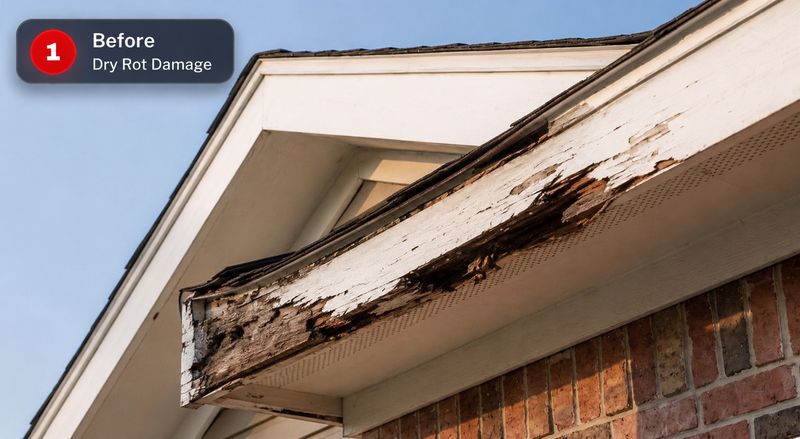 Rotted crumbling fascia board on a Orange County roofline before dry rot repair