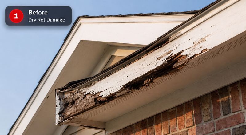 Severe dry rot damage on a fascia board before repair