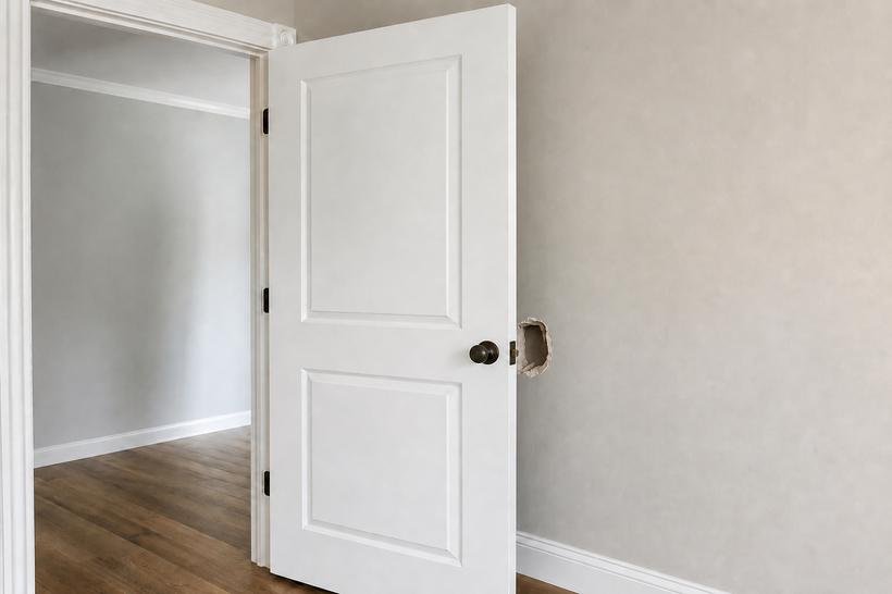 Doorknob hole punched through the drywall behind a bedroom door