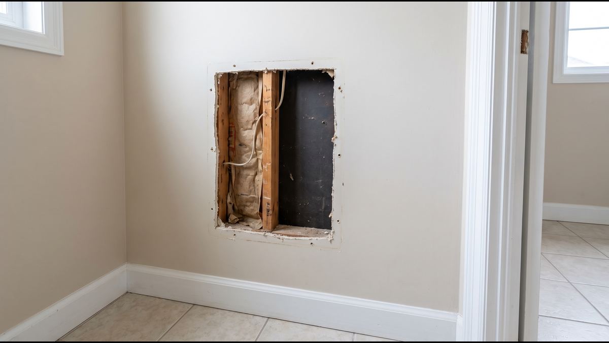 Rectangular opening in a hallway wall where a medicine cabinet was removed, studs showing