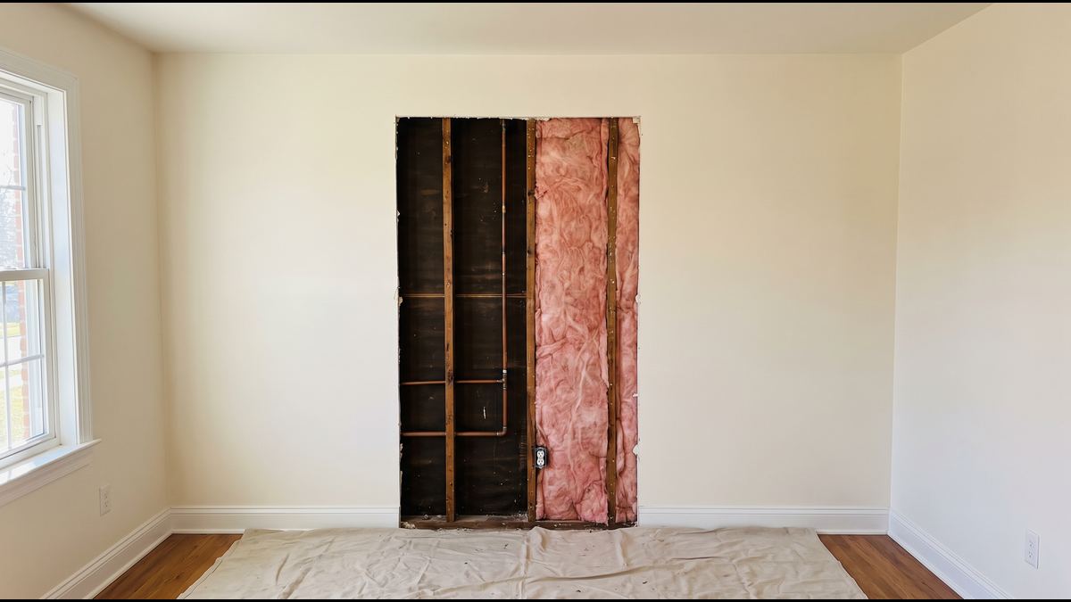 A full sheet of drywall cut out of a living room wall after a leak repair, studs and pipe exposed