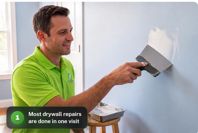 Kaminskiy technician floating the drywall patch smooth on the same wall