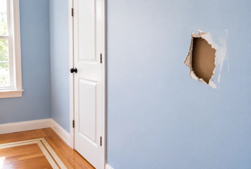 A hole in a bedroom wall before drywall repair