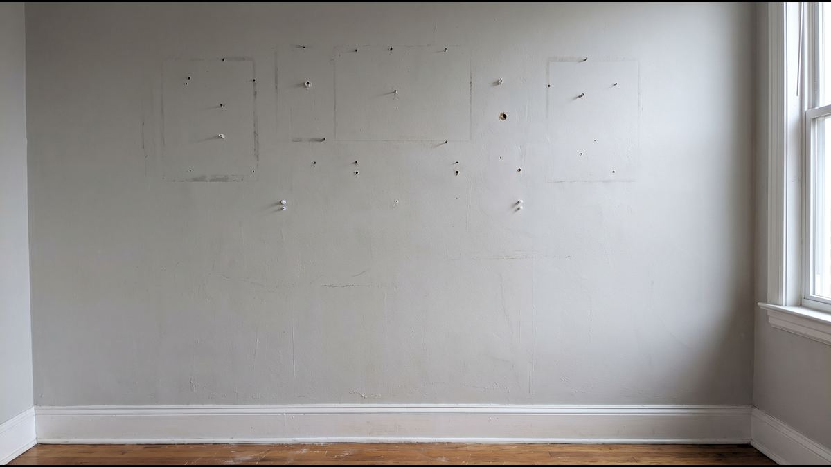 Bedroom wall peppered with nail holes and plastic anchors after a tenant moved out