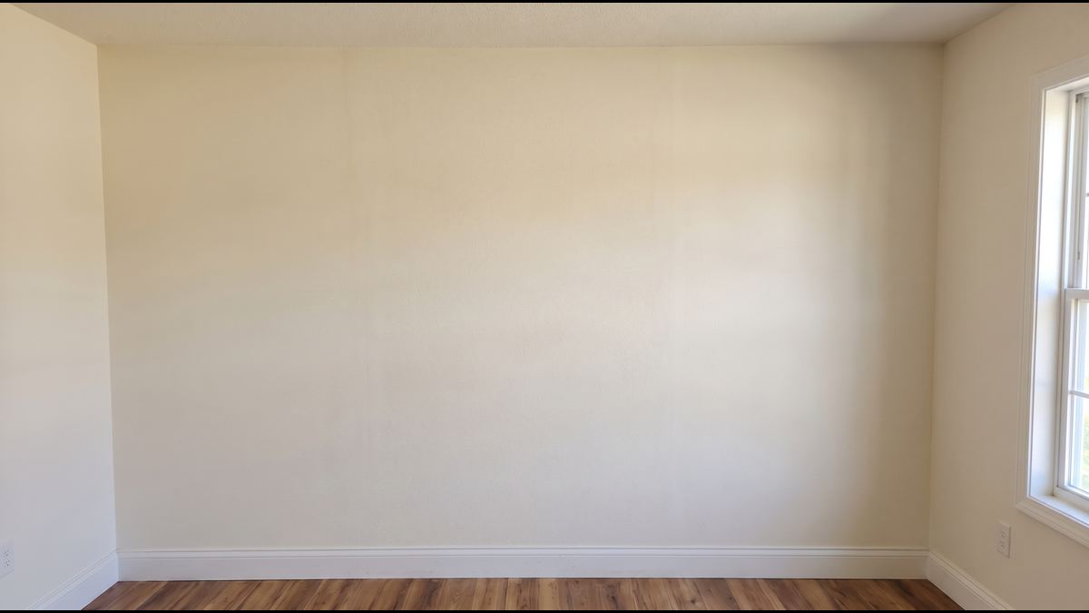 The same wall with the damaged section replaced, textured and primed, no trace of the water