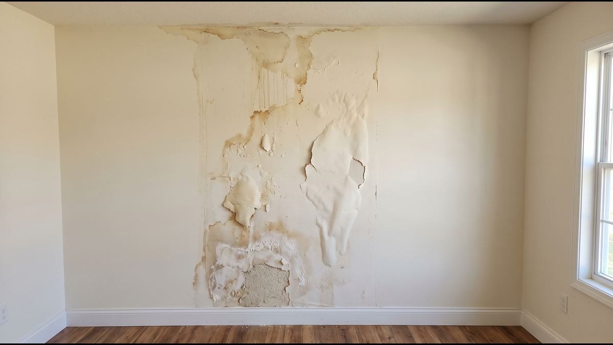 Living room wall with brown water stains, bubbled paint and soft crumbling drywall from a leak that has since been fixed
