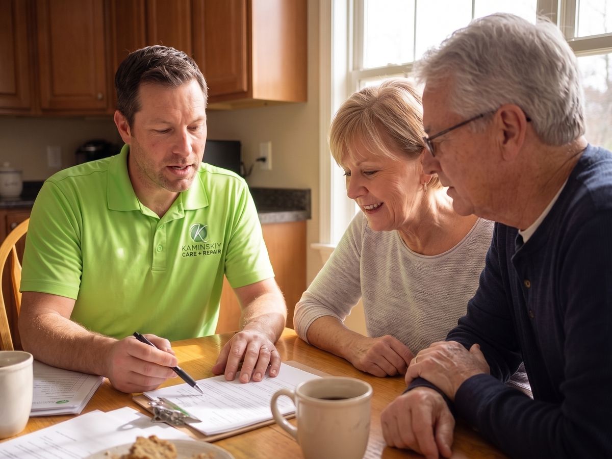 Kaminskiy technician answering a homeowner's questions at the kitchen table