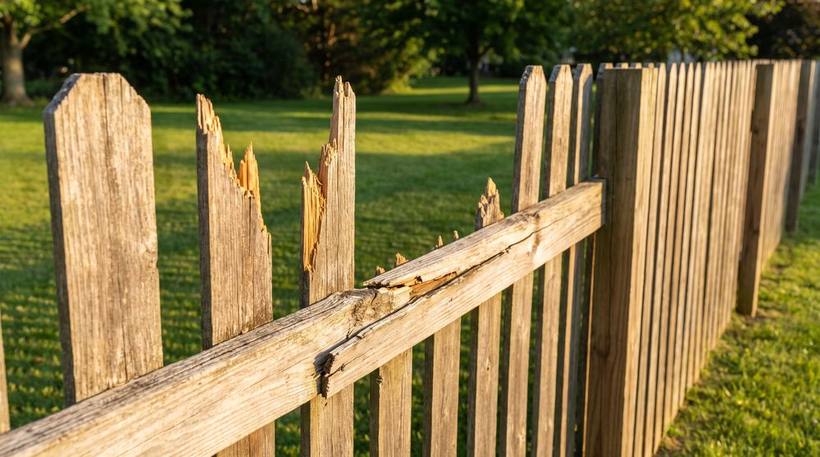 Broken pickets and a cracked rail before the repair