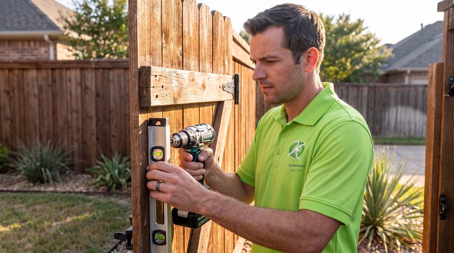 Kaminskiy certified technician rehanging a wood gate with a level and drill in San Diego