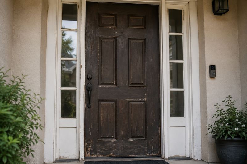 Weathered front door with peeling finish before repair by Kaminskiy in San Diego