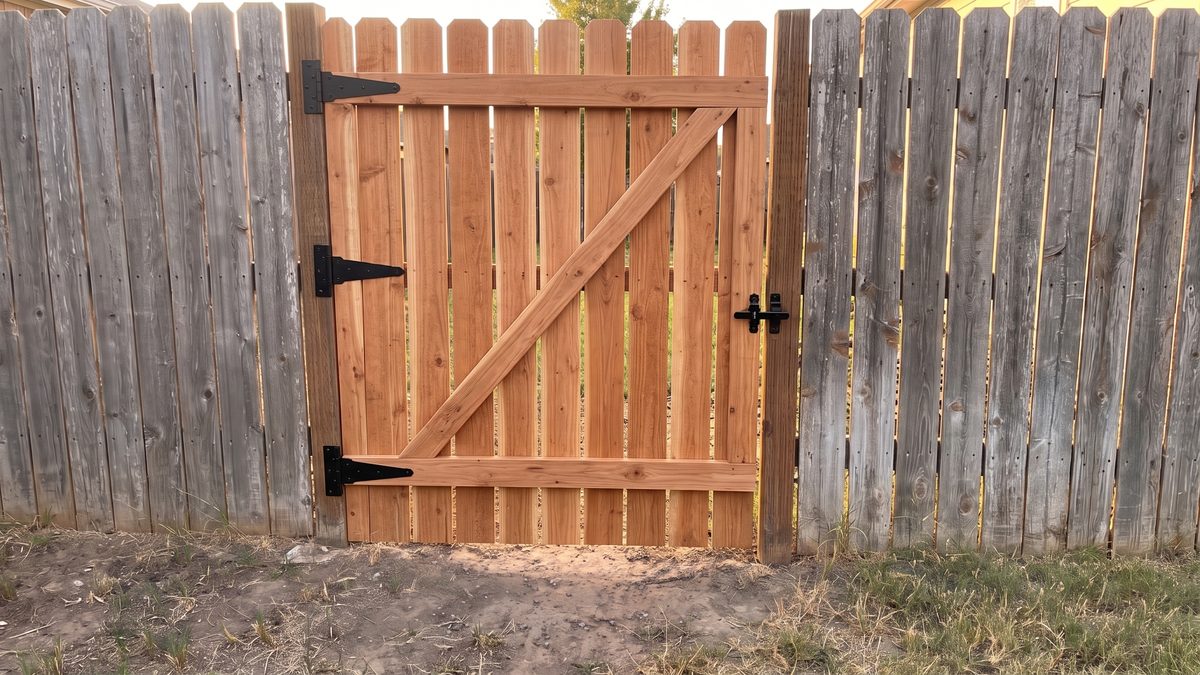 A new cedar gate hung square in the same opening, fence untouched on both sides