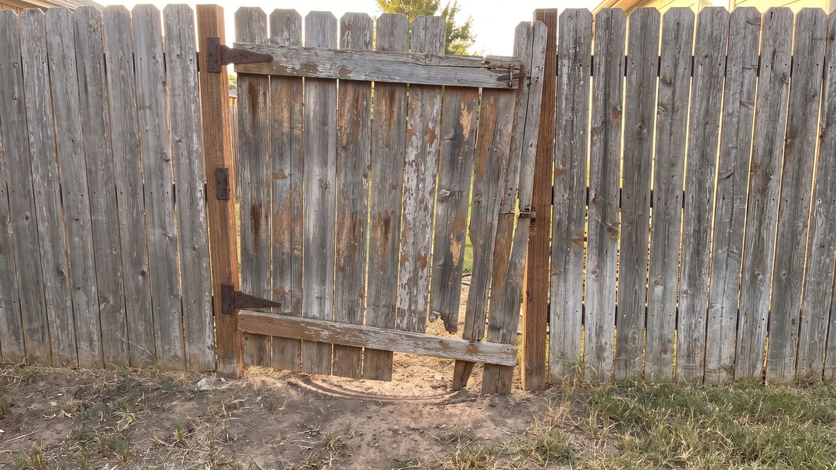 Old sagging broken wood gate set in a continuous weathered fence