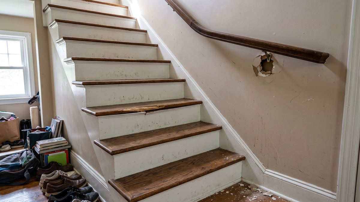 Handrail and stair repair: before