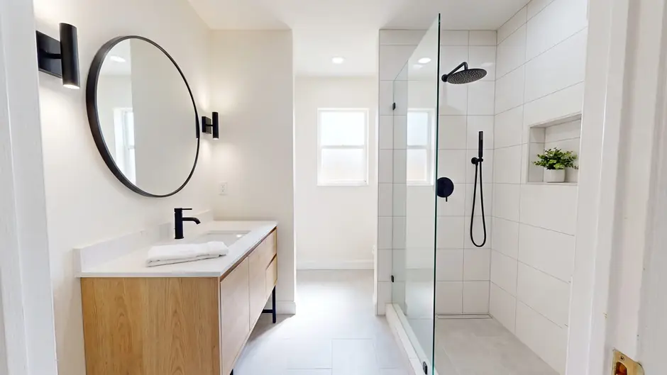 After: new shower, tile, vanity and fixtures
