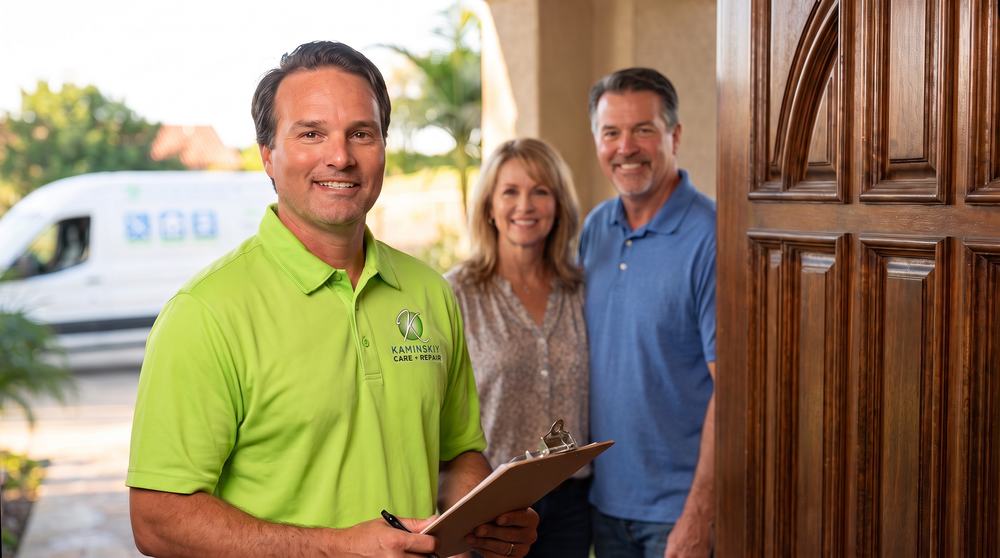 Kaminskiy certified technician welcomed at the front door by homeowners