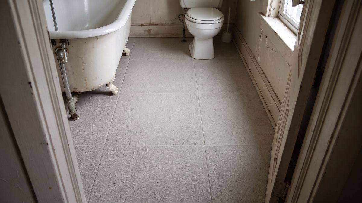 Same bathroom with matte slip-resistant floor tile installed
