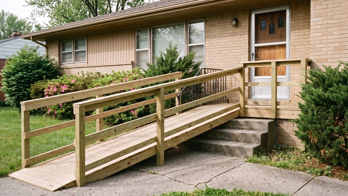Same front porch with a new wooden wheelchair ramp and handrails