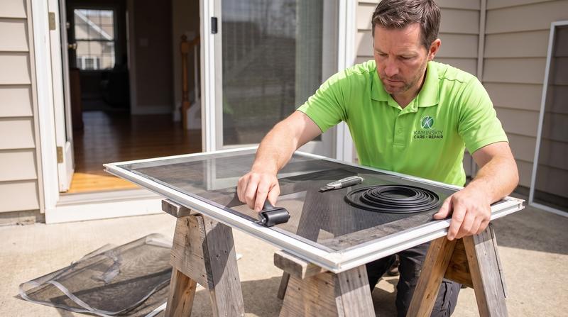 Kaminskiy certified technician rolling new mesh into a sliding screen door frame in San Diego