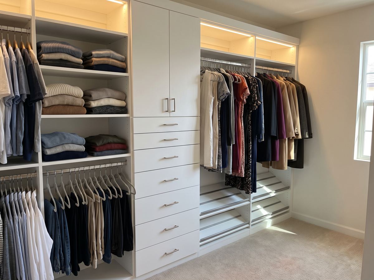 Finished custom closet with white shelves, drawers and hanging rods