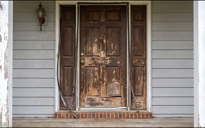 Before: a weathered front door with peeling finish and a sagging frame