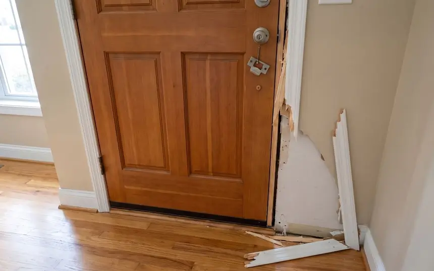 Before: a door jamb split at the strike, the trim torn away
