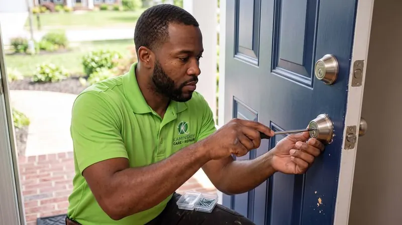 Kaminskiy technician fitting a new lockset on a front door in Glendale
