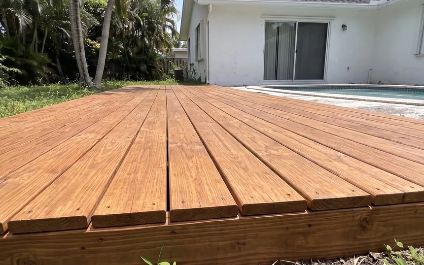 After: the same deck with a new rim joist and new boards, sealed