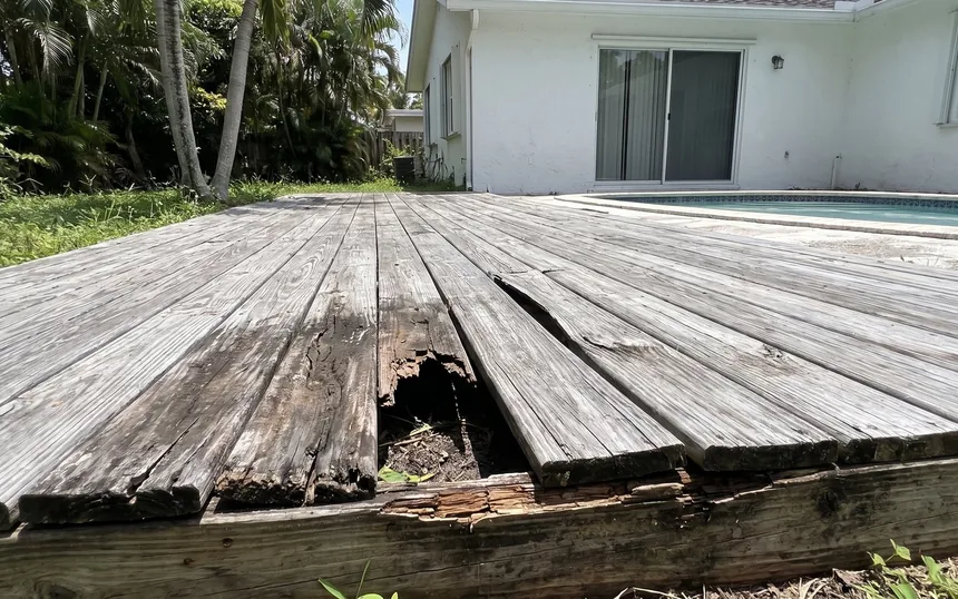 Before: deck boards rotted through above a soft rim joist