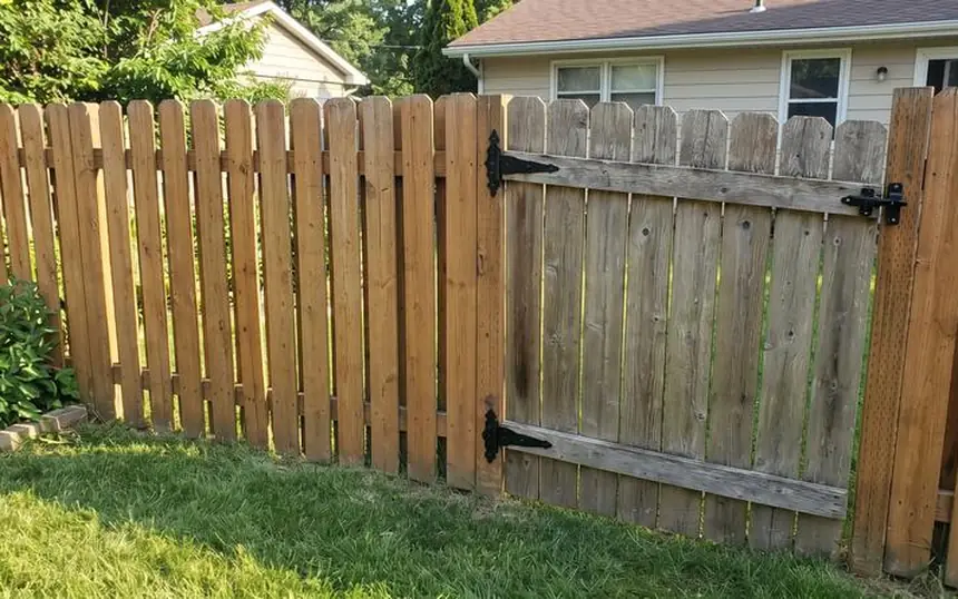 After: the same fence repaired, pickets replaced and the gate rehung level