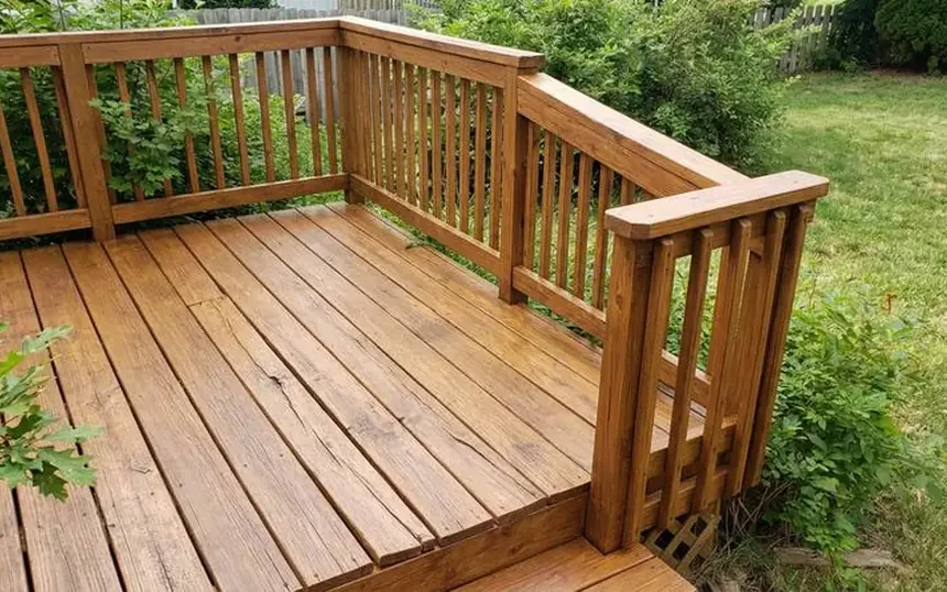 After: the same deck with the post re-set, new boards and a sealed surface