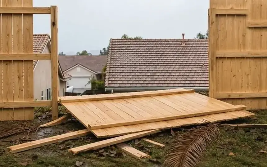 Before: a fence panel blown down in a Santa Ana wind