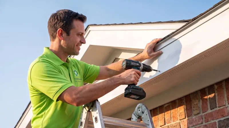Kaminskiy technician fastening a rebuilt fascia board on a Dallas home