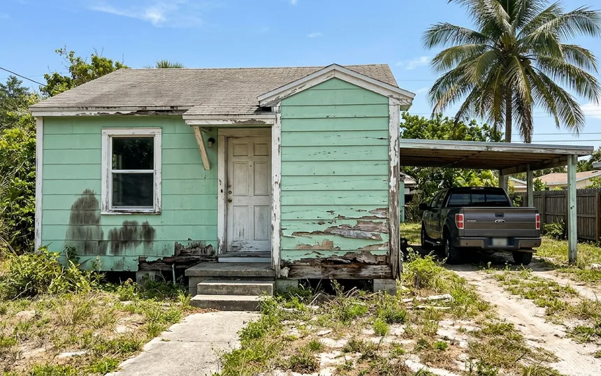 Before: rotted, peeling lap siding and corner board along the front of a mint green 1940s wood frame cottage