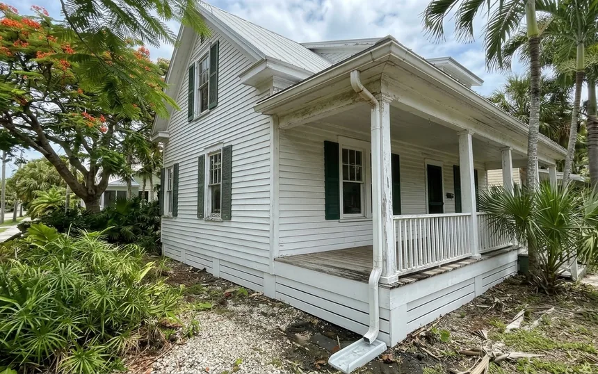 After: the same house with new lap siding and skirt boards, primed and painted white