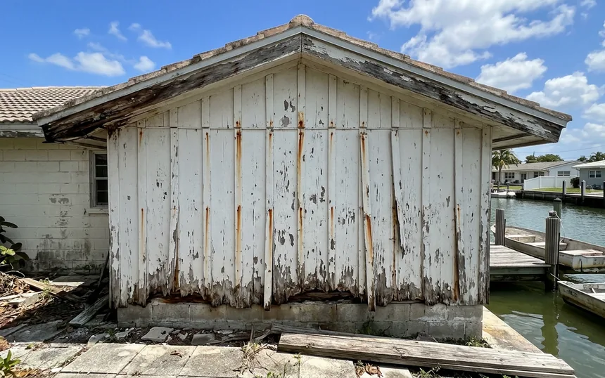 Before: salt-peeled, split board-and-batten on the gable of a block house beside a canal dock