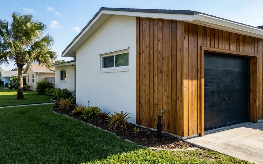 After: the same garage front with new cedar boards stained to match, the sprinkler turned away