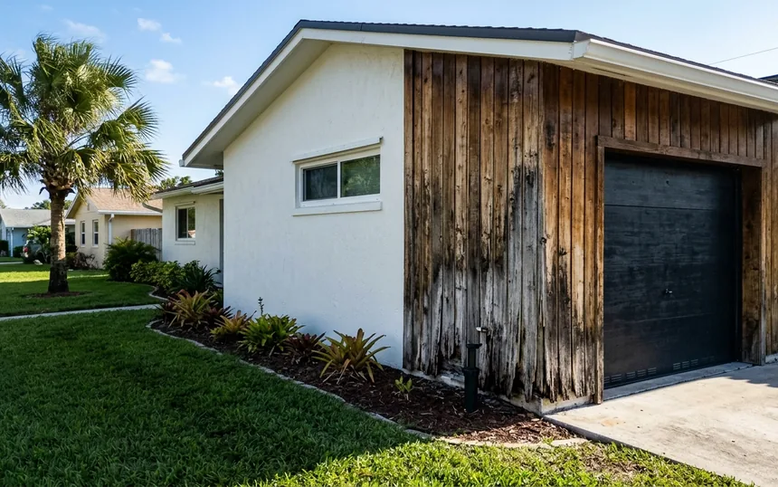 Before: rotted, gray vertical cedar siding beside the garage of a 1970s stucco ranch house